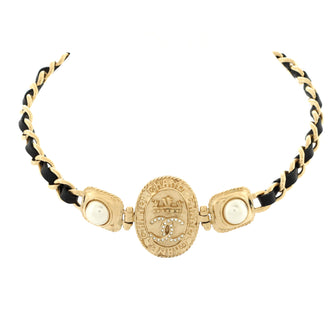 Chanel Regal Crown CC Choker Necklace Metal with Leather, Crystals and Faux Pearls
