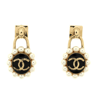 Chanel CC Flower Lock Dangle Stud Earrings Metal with Leather, Crystals, Faux Pearls and Enamel