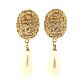 Regal Crown CC Drop Earrings Metal and Faux Pearls with Crystals