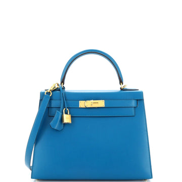 Hermes Kelly Handbag Blue Tadelakt with Gold Hardware 28