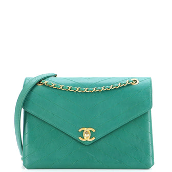 Chanel Envelope Compartment Flap Bag Chevron Calfskin Medium Green