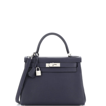 Hermes Kelly Handbag Blue Togo with Palladium Hardware 28
