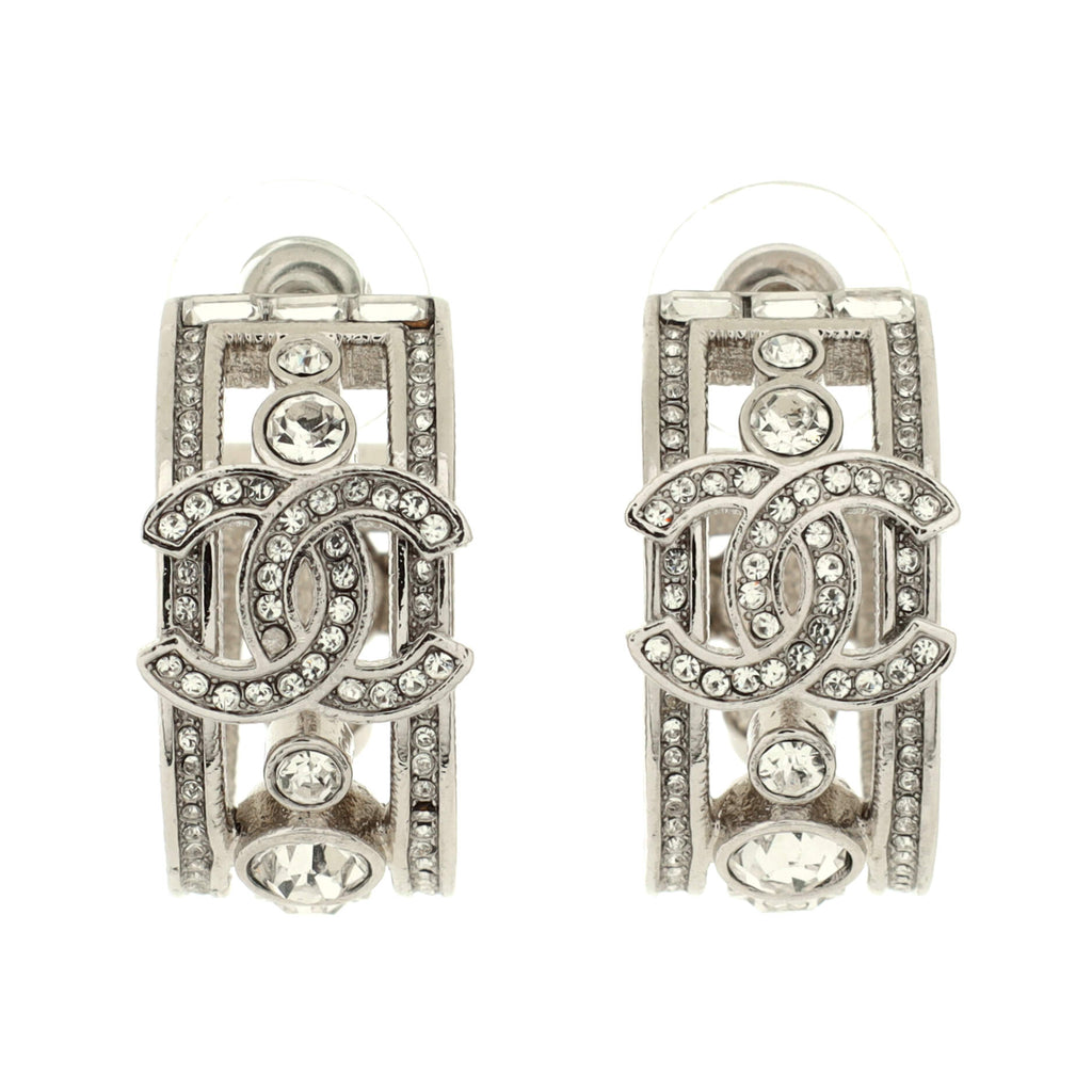 Chanel CC Huggie Earrings Metal with Crystals Silver 230485152