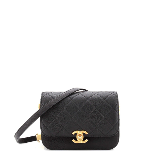 Chanel CC Round Flap Compartment Messenger Bag Quilted Caviar Mini Black