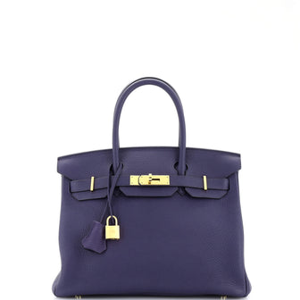 Hermes Birkin Handbag Blue Clemence with Gold Hardware 30