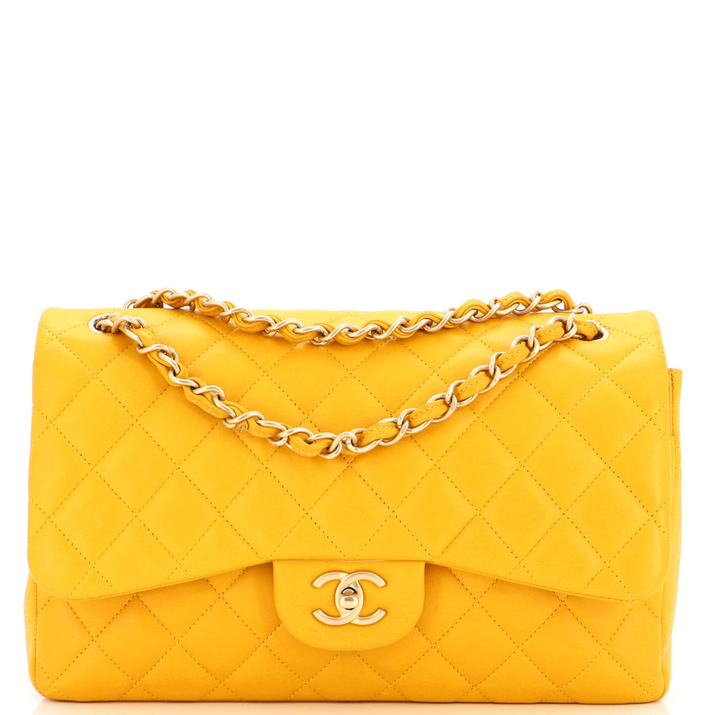 Chanel Classic Double Flap Bag Quilted Lambskin Jumbo Yellow 2306822