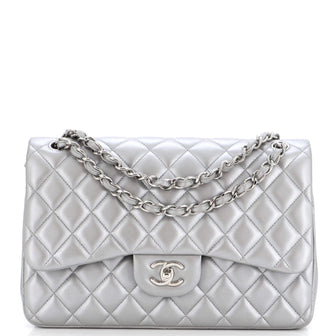 Chanel Classic Double Flap Bag Quilted Lambskin Jumbo Silver 2306823