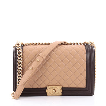 Chanel Bicolor Boy Flap Bag Quilted Lambskin New Medium Brown