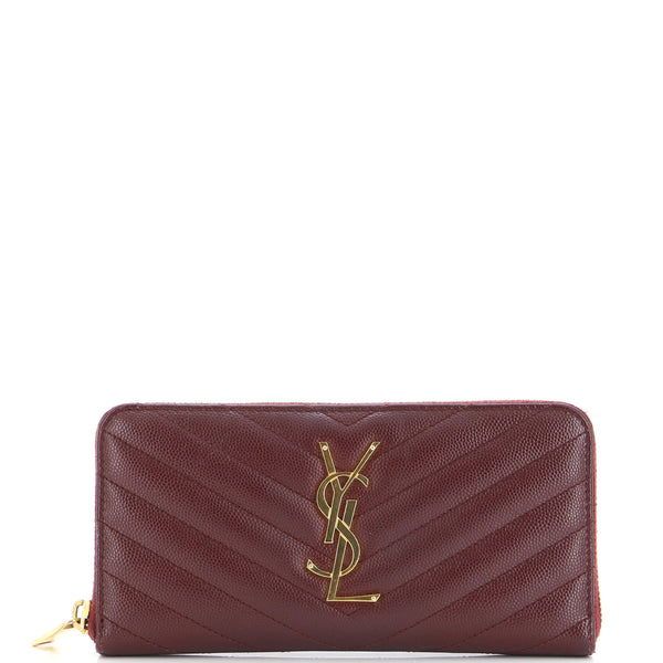 Saint Laurent Classic Monogram Zip Around Wallet Matelasse Chevron Leather Red