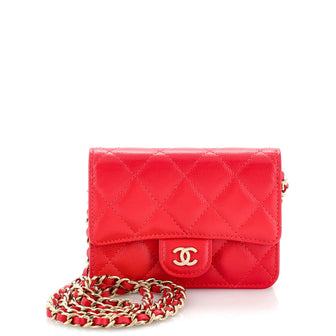 Chanel Classic Flap Card Holder on Chain Quilted Caviar Mini Red