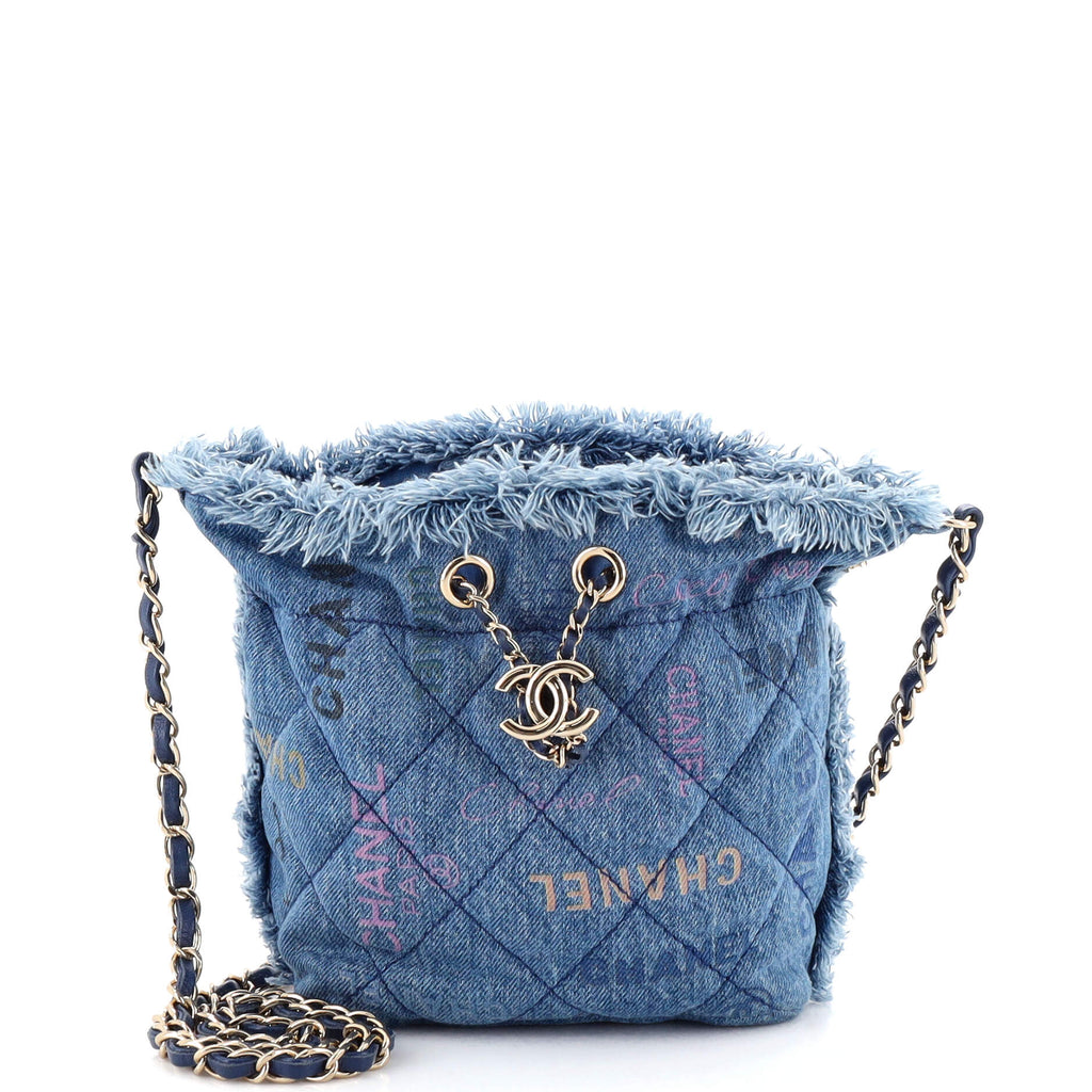 Chanel Denim Mood Chain Bucket Bag Logo Printed Quilted Fringe Denim Medium  Blue 23094653