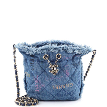 Chanel Denim Mood Chain Bucket Bag Logo Printed Quilted Fringe Denim Medium