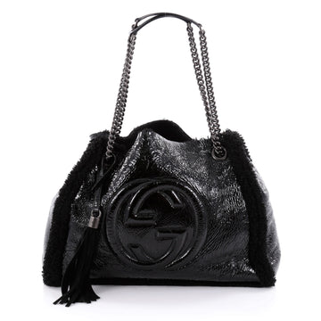 Gucci Soho Shoulder Bag Chain Strap Patent and Shearling Black 2309801