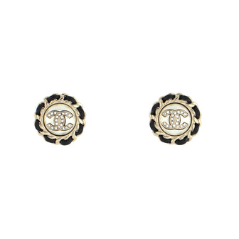 Chanel Round Woven Chain Earrings Metal and Leather with Faux Pearls and Crystals