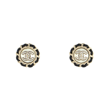 Chanel Round Woven Chain Earrings Metal and Leather with Faux Pearls and Crystals