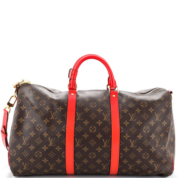 Louis Vuitton Keepall Bandouliere Bag Monogram Canvas with Coquelicot Leather Trim 50