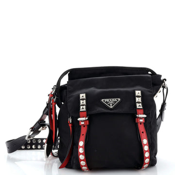 Prada New Vela Flap Shoulder Bag Tessuto with Studded Leather Small