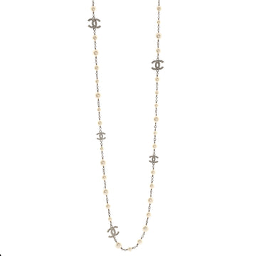 Chanel CC Station Long Necklace Metal with Faux Pearls and Crystals