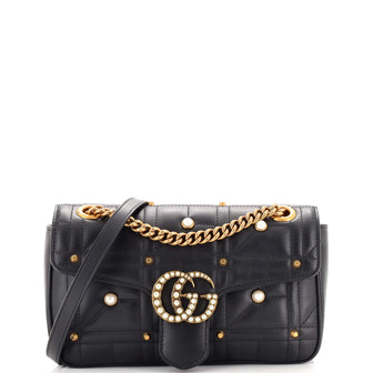 Gucci Pearly GG Marmont Flap Bag Embellished Matelasse Leather Small