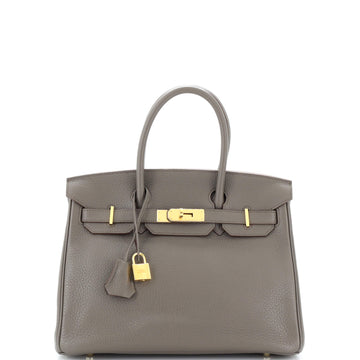 Hermes Birkin Handbag Grey Clemence with Gold Hardware 30