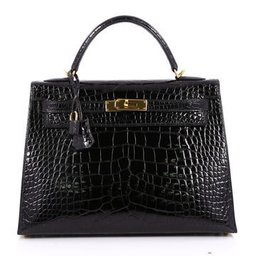 Hermes Kelly Handbag Black Shiny Alligator with Gold Hardware 32 Black 2314901