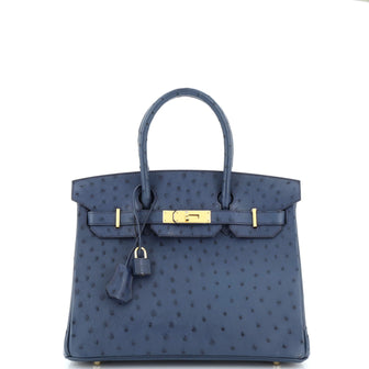 Hermes Birkin Handbag Blue Ostrich with Gold Hardware 30