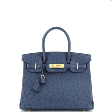 Hermes Birkin Handbag Blue Ostrich with Gold Hardware 30