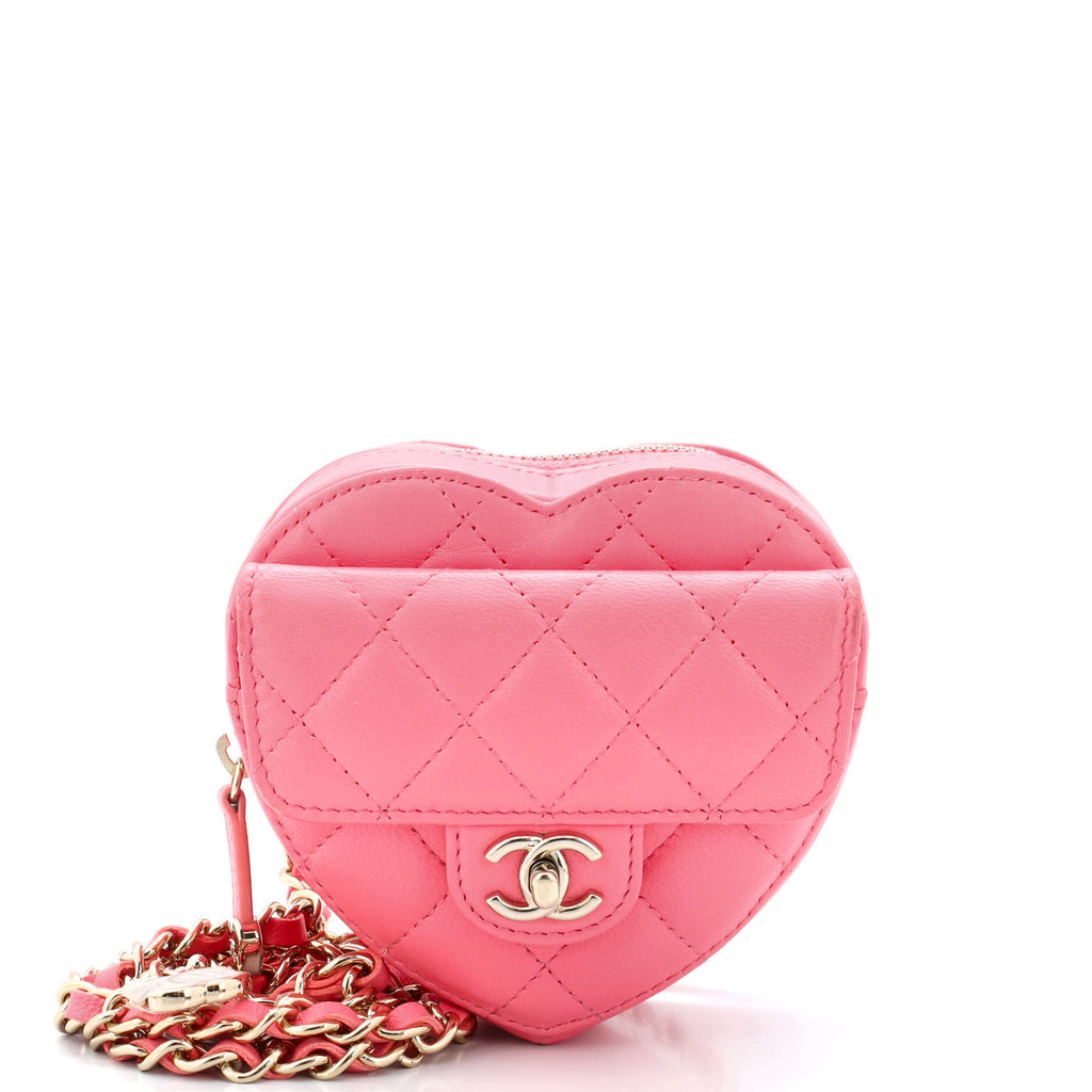 CHANEL Pink Lambskin Quilted CC In Love Heart Coin Purse With