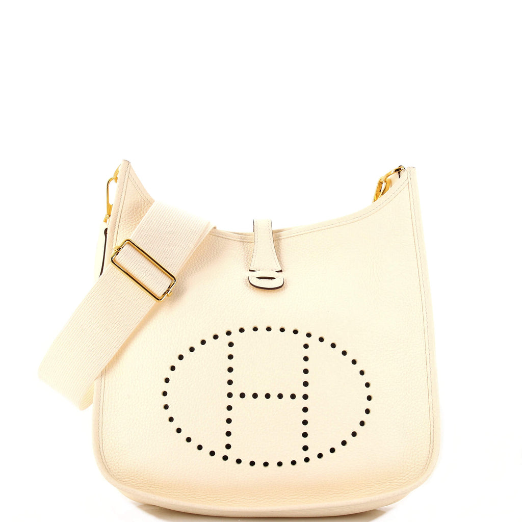 Hermes Evelyne PM Shoulder Bag Purse in White Clemence Leather 