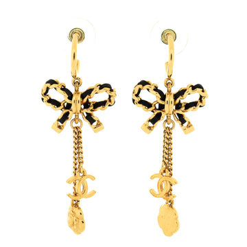 Chanel CC Camellia Chain Bow Drop Earrings Metal with Leather