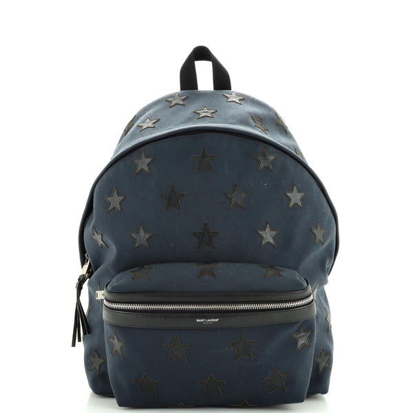 Saint Laurent City Backpack Embroidered Canvas Medium Blue  display picture 2