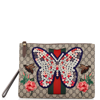 Gucci Butterfly Wristlet Pouch Embellished GG Coated Canvas