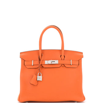 Hermes Birkin Handbag Orange Clemence with Palladium Hardware 30
