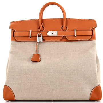 Hermes HAC Birkin Bag Toile and Brown Evercolor with Palladium Hardware 50