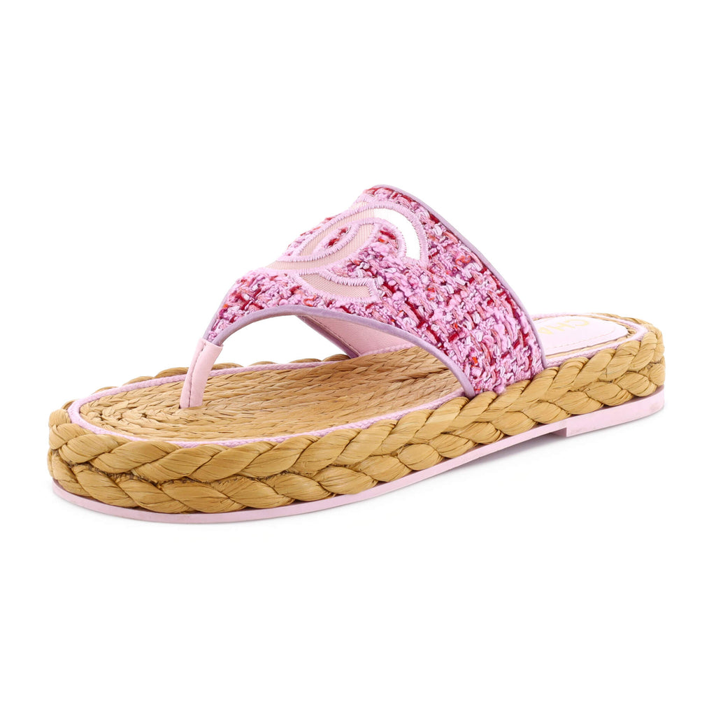 Chanel Women's CC Logo Thong Espadrille Sandals Tweed Pink 23205111