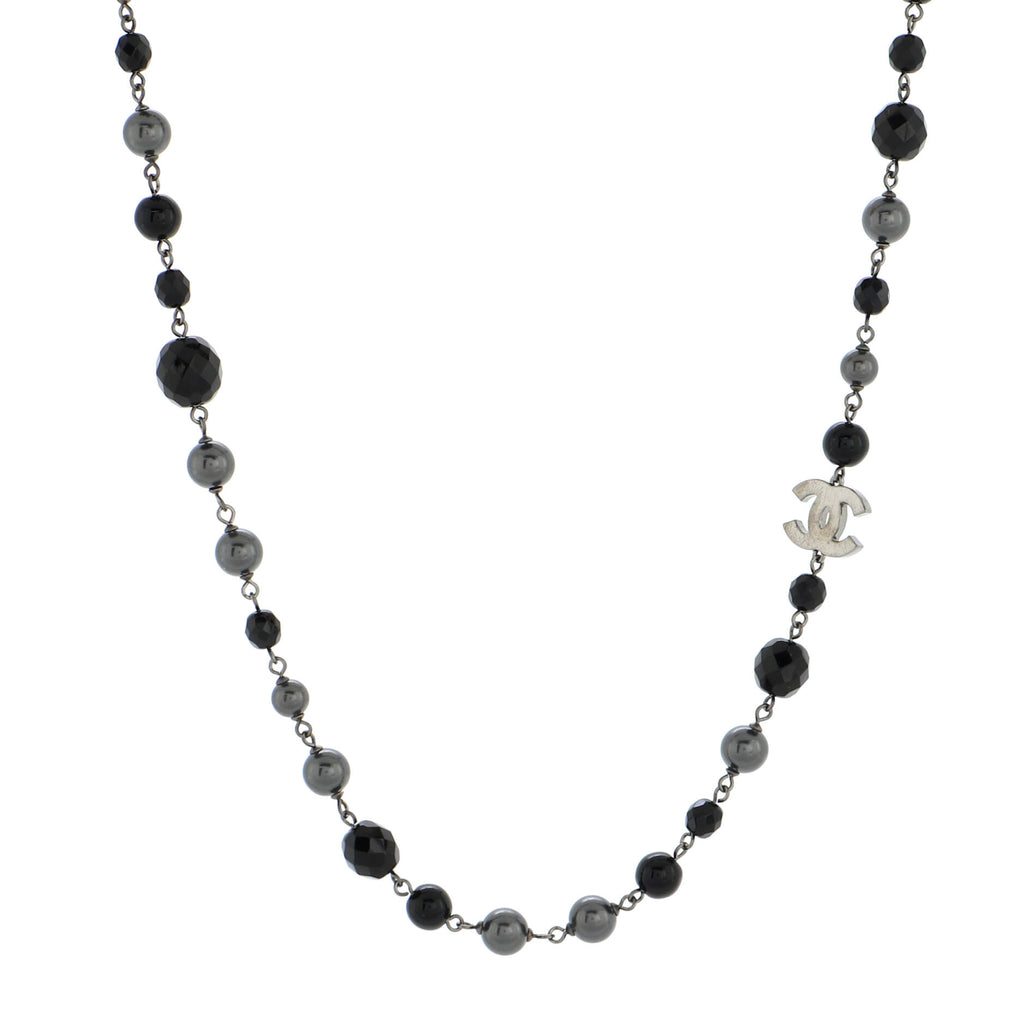 Chanel CC Station Long Necklace Ruthenium with Resin and Faux Pearls Black  2321482