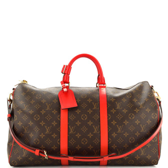 Louis Vuitton Keepall Bandouliere Bag Monogram Canvas with Coquelicot Leather Trim 50 Brown