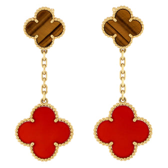 Van Cleef & Arpels Magic Alhambra 2 Motifs Drop Earrings 18K Yellow Gold with Tiger's Eye and Carnelian