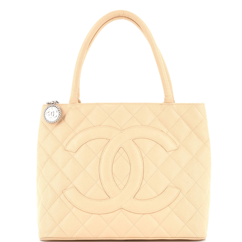 Chanel Chanel Beige Quilted Caviar Leather Medallion Tote Bag