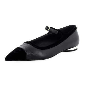 Chanel Women's Pointed CC Cap Toe Mary Jane Flats Leather and