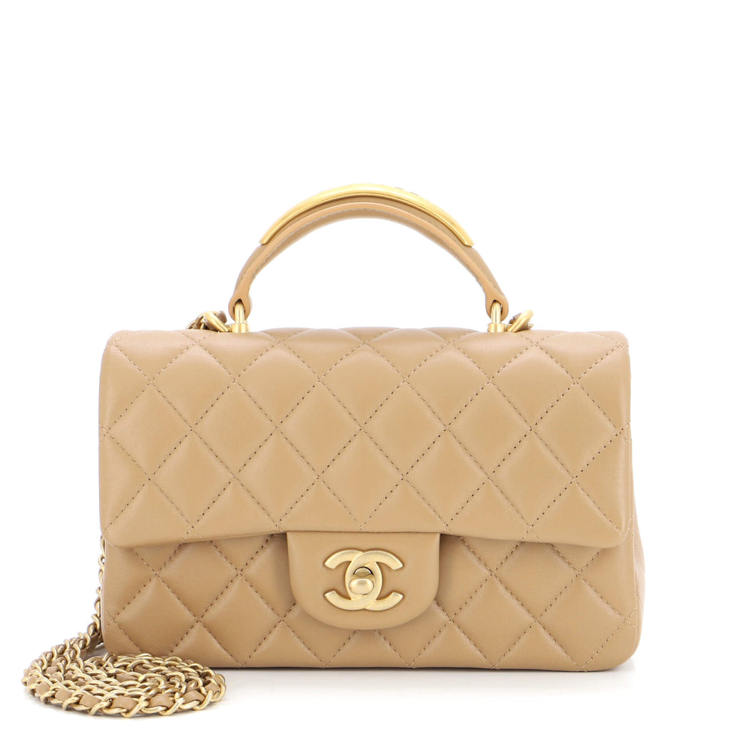 Chanel Classic Single Flap Metal Top Handle Bag Quilted Lambskin Mini  Neutral 23245930