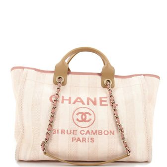 Chanel Deauville Tote Striped Mixed Fibers Medium Pink
