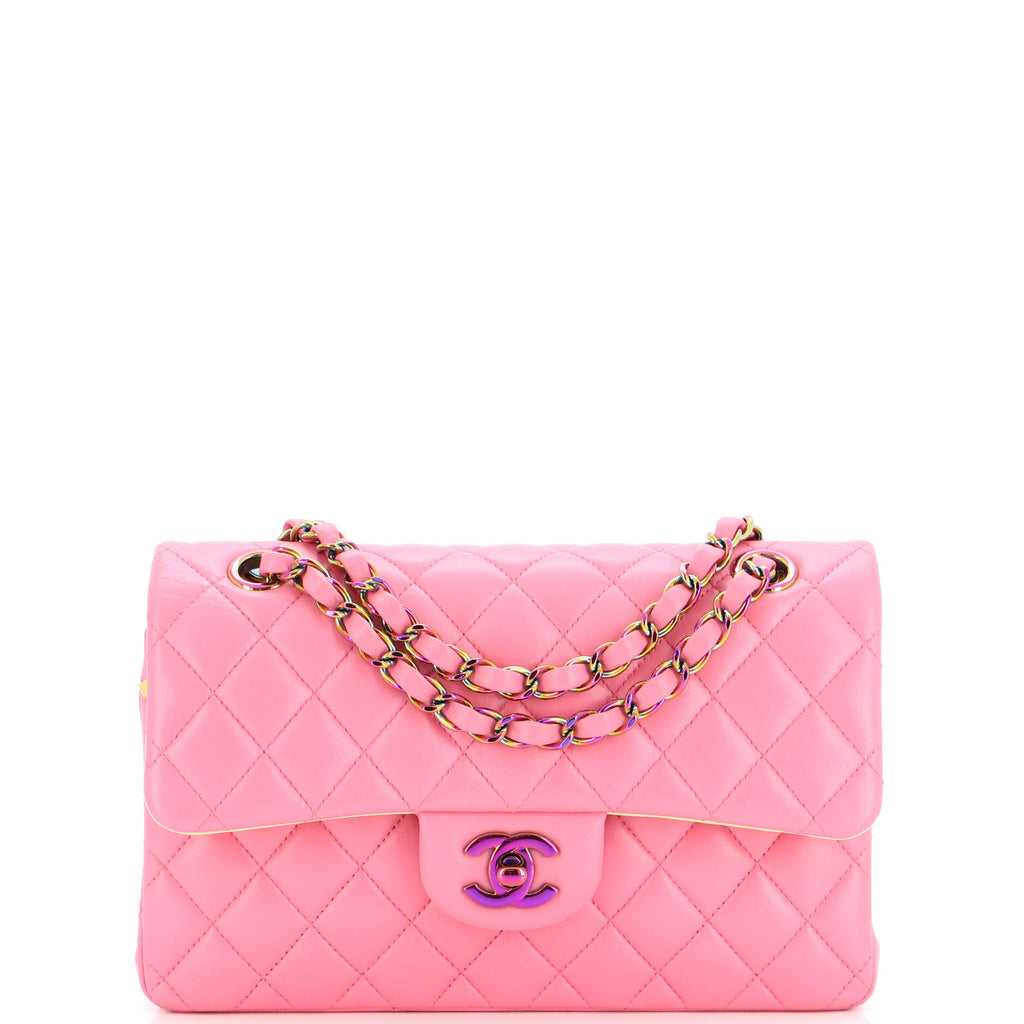 Chanel Classic Double Flap Bag Quilted Lambskin with Rainbow Hardware Small  Pink 2325521