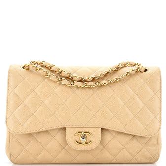 Chanel Beige Quilted Caviar Jumbo Classic Single Flap Bag Chanel