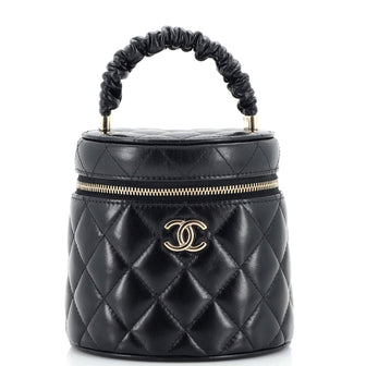 Chanel CC Ruched Top Handle Vanity Case Quilted Lambskin Small Black 2330221