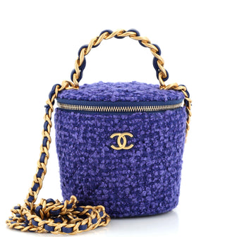 Chanel Woven Chain Top Handle Vanity Bucket Bag Quilted Tweed Blue 2330843