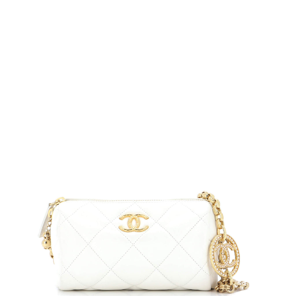 Chanel Pearl CC Medallion Chain Bowling Bag Quilted Lambskin Mini White
