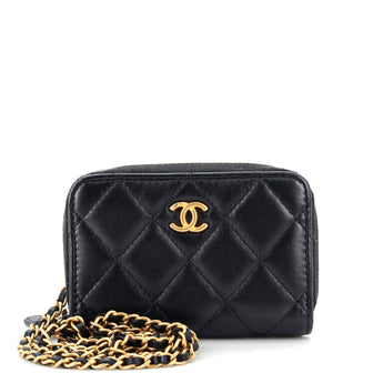 Chanel Pearl Crush Zip Around Card Holder on Chain Quilt Lambskin