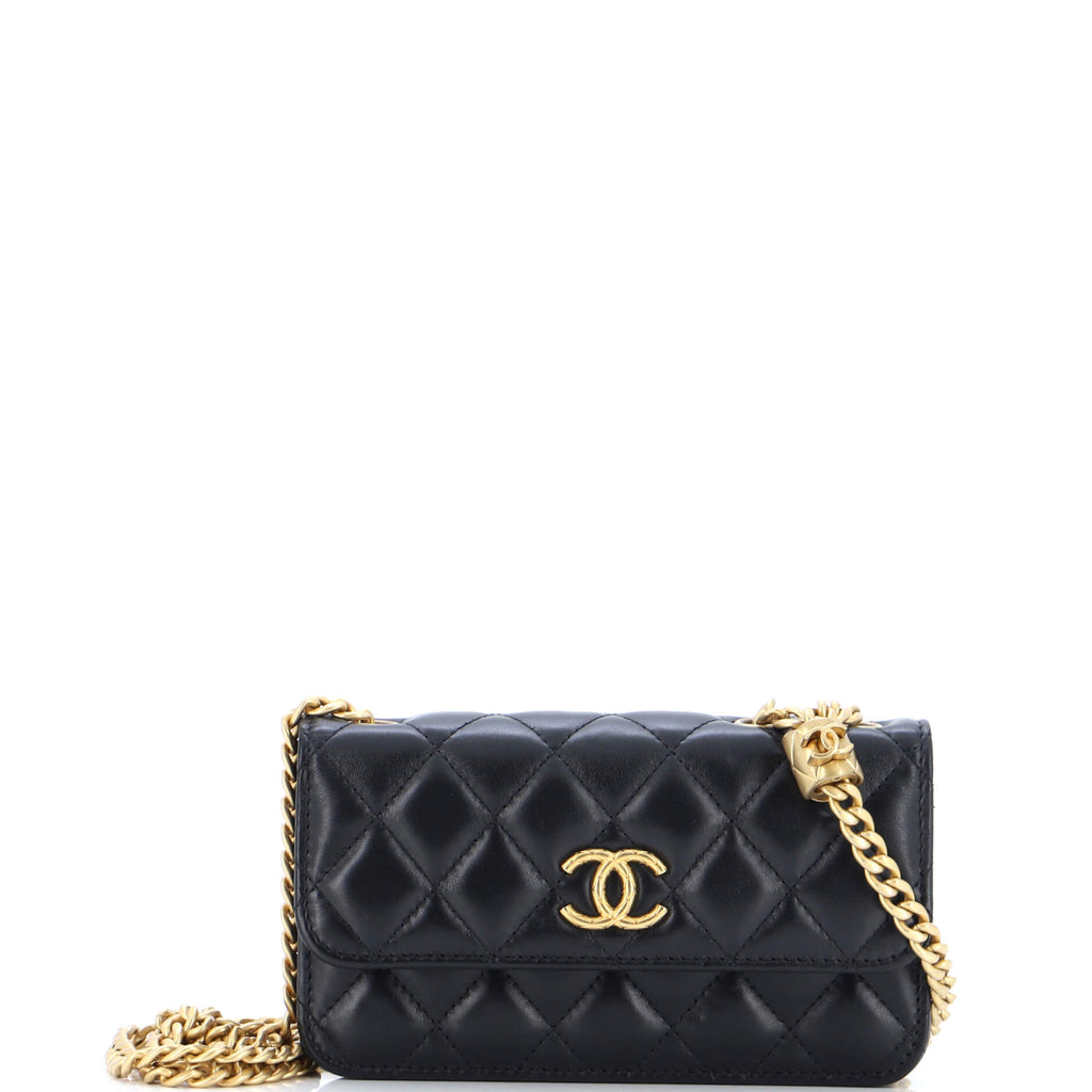 CHANEL Lambskin Quilted Flap Phone Holder With Chain Black Lilac |  FASHIONPHILE
