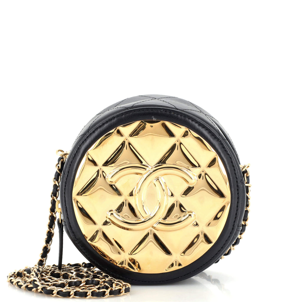 Chanel Golden Plate Round Clutch with Chain Quilted Metal and Lambskin Mini  Black 2332016